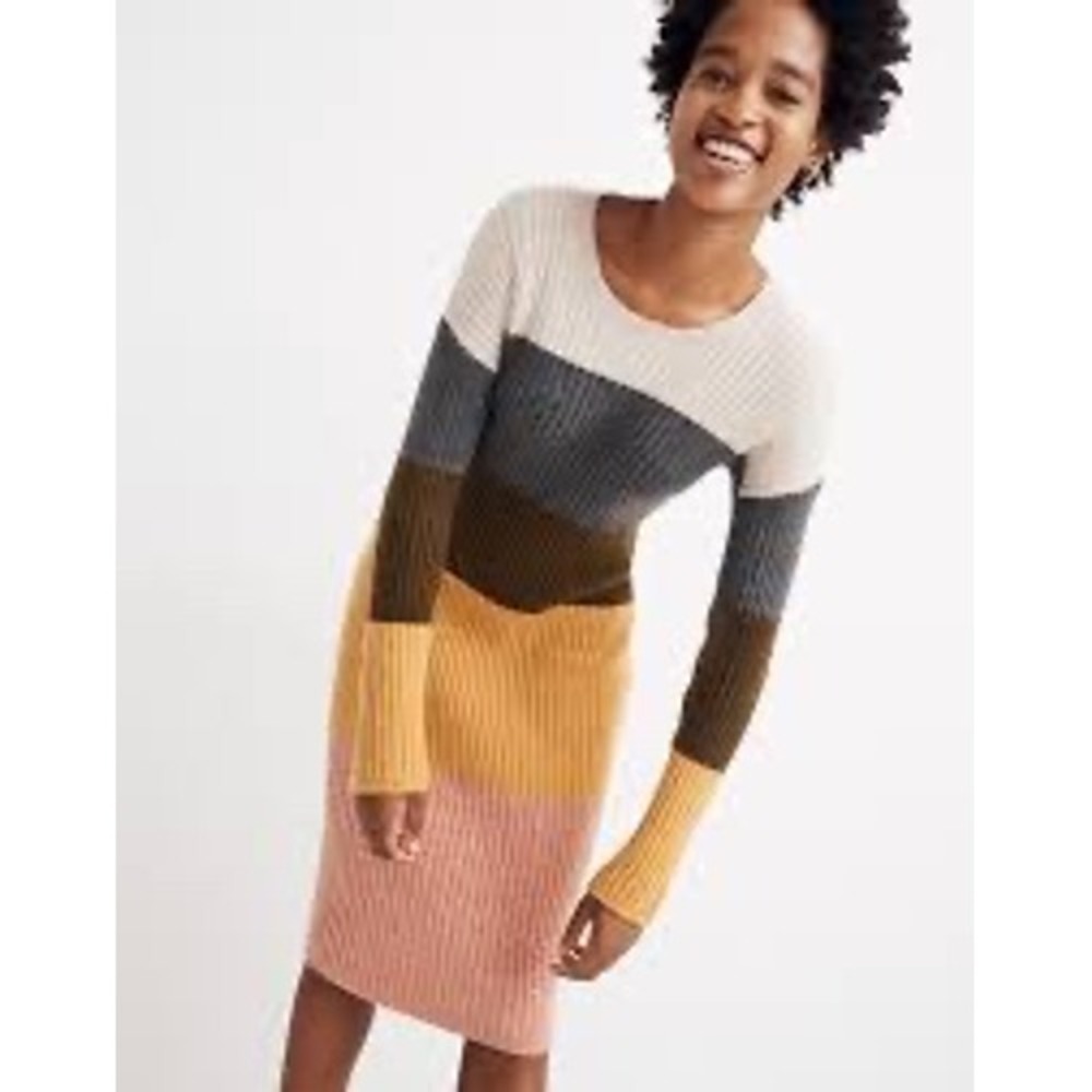 Madewell Colorblock Ribbed Sweater Dress XS Wool Blend Midi Long Sleeve Stripe